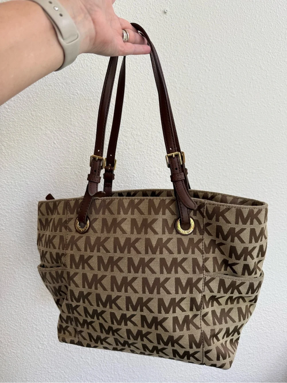 Michael Kors Brown MK Logo Tote with Dark Brown Leather Straps